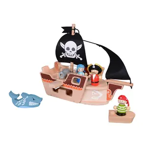Eco-Friendly Wood Toy For Kids Imaginative Play With Painted Pirates Beautiful Style For Toddlers With Wooden Pirate Shipt Toy