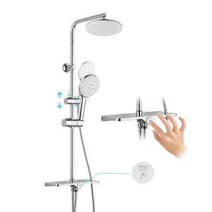 Silicon Easy Cleaning Nozzles Wall Mounted Stainless Steel Bath Rain Shower Head Set With Shelf Diverter