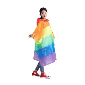 공장 가격 야외 경량 레인보우 비 판초 재활용 에바 방수 색상 변경 소녀 비옷