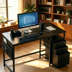 Bureau de jeu avec structure métallique, surface en bois, tiroirs de rangement multifonctionnels, étagères, design peu encombrant et réglable <span class=keywords><strong>pour</strong></span> <span class=keywords><strong>PC</strong></span>/ordinateur portable - Product Image 2