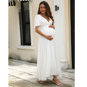 Robe de maternité en promotion : Nouvelle robe blanche élégante à col en V et manches courtes <span class=keywords><strong>pour</strong></span> <span class=keywords><strong>femme</strong></span> <span class=keywords><strong>enceinte</strong></span>, idéale <span class=keywords><strong>pour</strong></span> l'été et comme robe de mariée. - Product Image 4