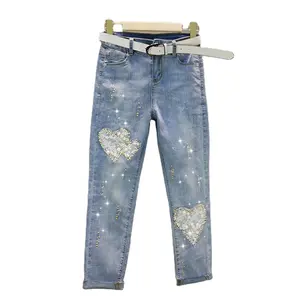 New Ladies Cotton Jeans with Customized Love Shape Lace Embroidery and Pearl Straight Barrel Y2K Style Wholesale Denim Fabric