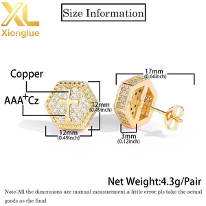 Nouvelles boucles d'oreilles hexagonales en or plaqué 18 carats, bijoux tendance hip-hop pour femmes et hommes - Product Image 1