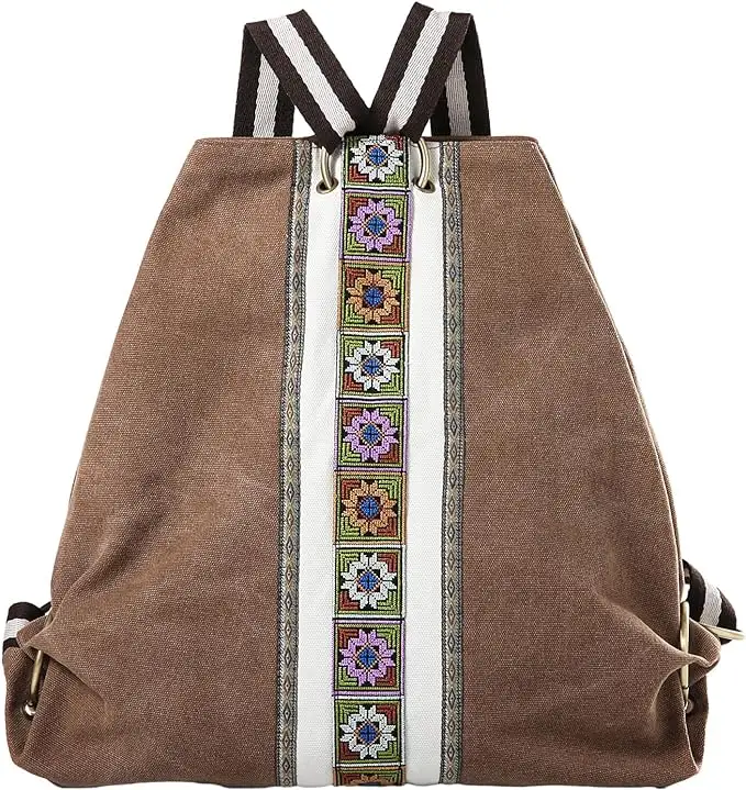 Bolso de hombro informal para mujer, mochila de lona duradera con estilo preppy bohemio nacional vintage y forro de poliéster