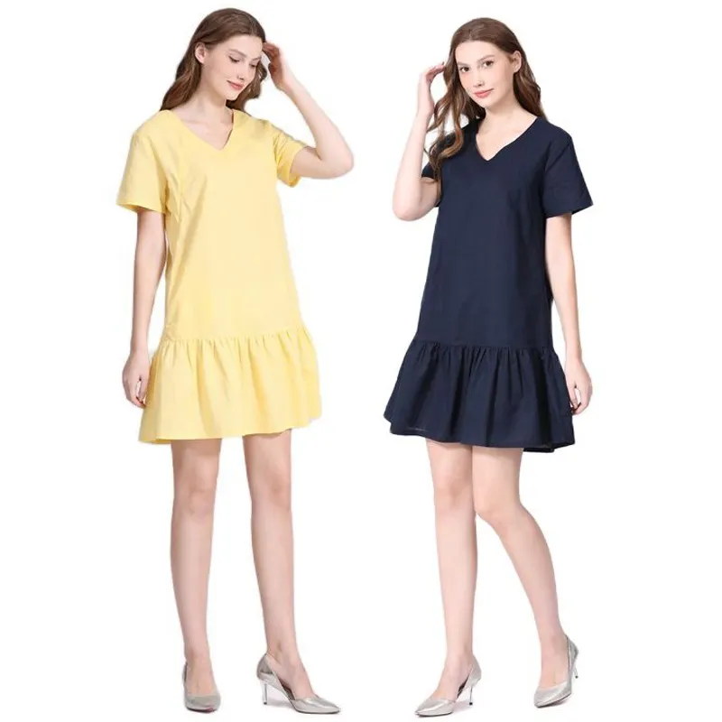 New Summer Pregnant Dress Ruffle Straight Cut Maternity Cotton Linen Dress Invisible Zipper Breastfeeding Clothes Plus Size