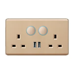 Universal double 3 pin Wall Socket With Circular Switch Flame Retardant PC Panel Socketes and Switches Electrical Metal Frame