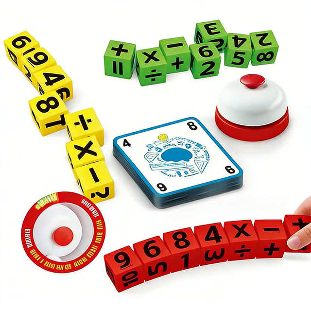 EPT Cube Math Point Game - 28 Blocks, 32 Cards & Bell, Fast-Pace Competitive Math Learning Toy for Kids