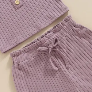 Conjuntos de dos piezas acanalados de algodón de bambú para niños, venta al por mayor, conjuntos de ropa para niñas, camiseta sin mangas de punto para niños y pantalones cortos, conjunto de ropa para niños