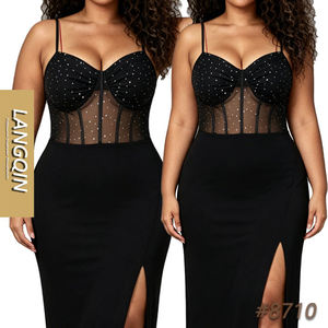 Robe longue moulante LANQIN à fente haute, strass, dentelle, col en V, bretelles spaghetti, baleinée, avec soutien-gorge intégré, lavable - Product Image 1