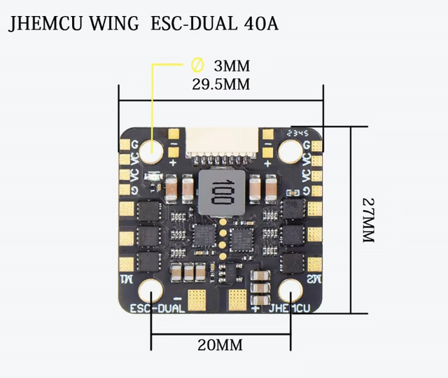 JHEMCU WING ESC-DUAL 40A BLHELI_S 2in1 ESC with Built-in 5V BEC Current Meter 20X20mm 2-6S LiPo RC Twin Engine Airplane
