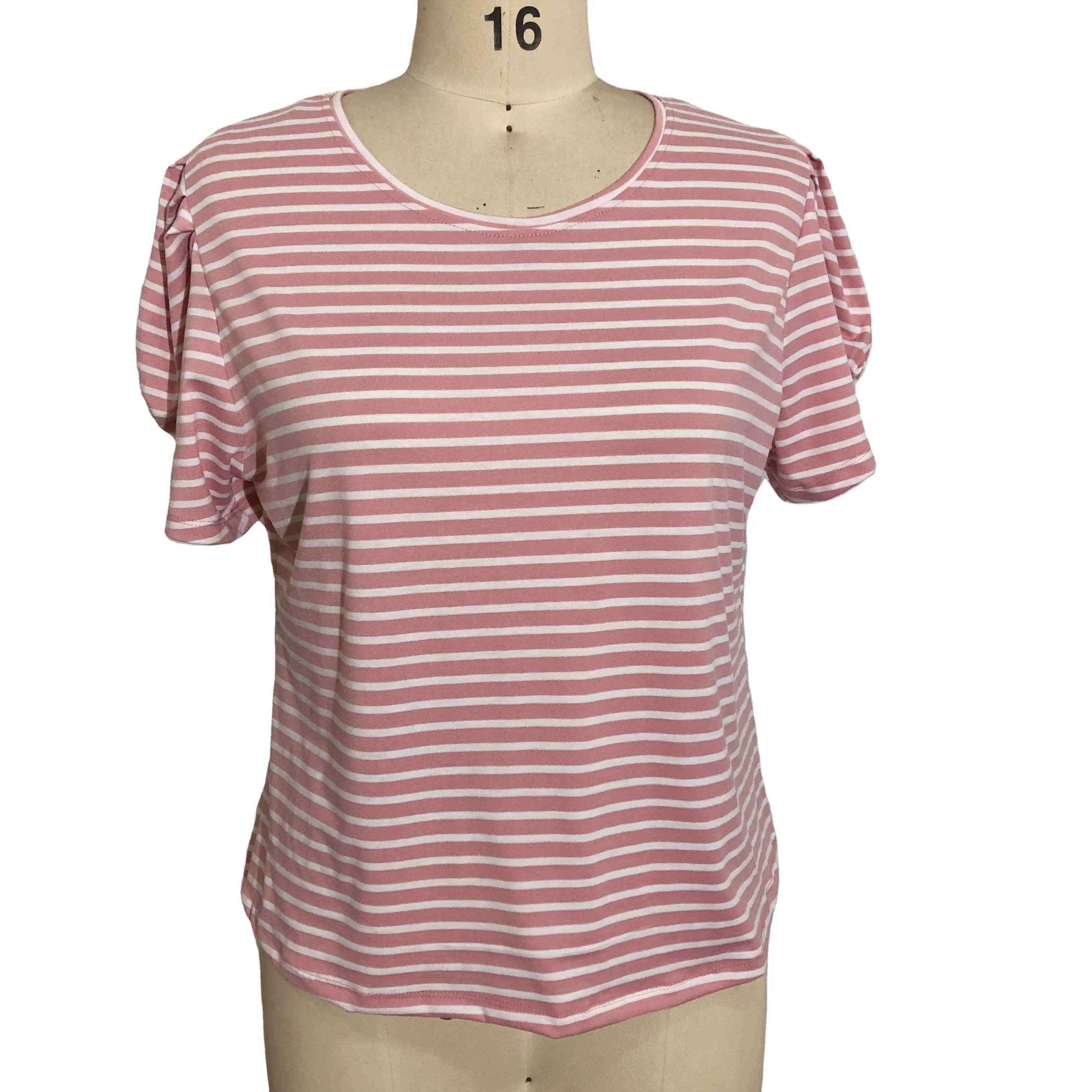 Ladies Cotton Tee Striped T-shirt Stretchy Knitted Women Puff Sleeve Short Sleeve Plus Size Pink And White Striped