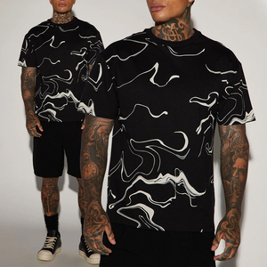 T-shirt KingSen pour homme, coupe ample, imprimé abstrait fluide, coton lourd, style hip-hop streetwear, décontracté, graphique - Product Image 1