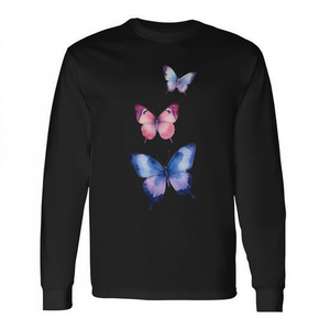 Camiseta de Manga Larga con Diseño de Mariposas en Acuarela, Color Negro, Cuello Redondo, Unisex, para Adultos, Ropa Promocional - Product Image 2