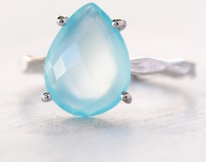 Natural Aqua <b>Blue</b> Chalcedony 92.5 Sterling Silver Gold Polished Faceted Teardrop Shape Gemstone Finger <b>Ring</b> - Product Image 1