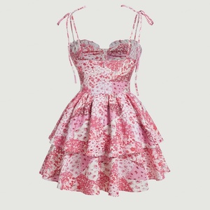 Vestido Mini de Verano para Mujer, Elegante, con Estampado Digital, Ecológico, 100% Algodón, con Escote Fruncido, Tirantes con Lazos y Volantes, Corte en A - Product Image 6