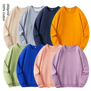 350G Undistorted Pure Cotton Hoodie Off Shoulder Vintage Morandi Solid Color Wool Circle Round Neck Coat Loose Long Sleeve T