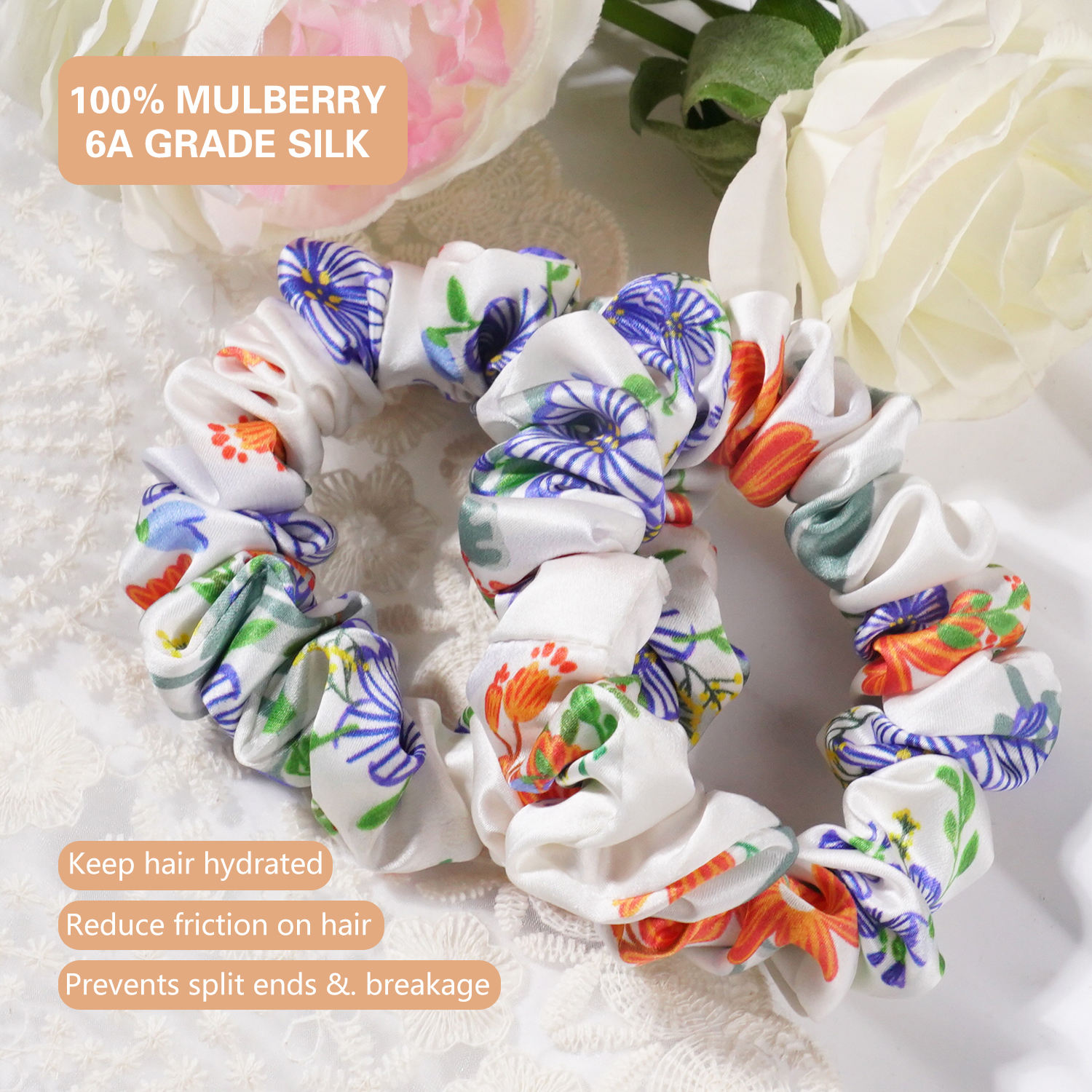 Custom Logo Printed 100% Mulberry Silk Scrunchies With Pattern Fabric for Women Girls Hair Accessories