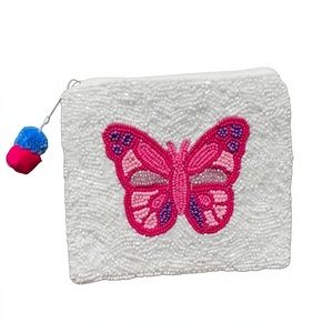 Beaded Butterfly Coin <b>Purse</b> With <b>Pink</b> And Purple Design Zipper Closure Cute Style For Girls Mini Size - Product Image 1
