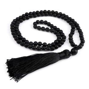Pietra preziosa fatta a mano annodata pietra naturale 6mm nero lungo nappa 108 pezzi di onice collana Mala - Product Image 2
