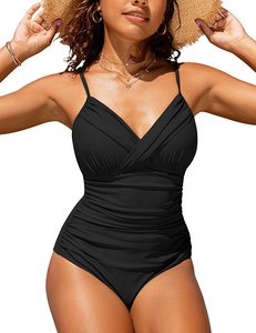 Maillot de bain une pièce sexy pour femme, couleur unie, plissé croisé, coupe ajustée – Nouvelle collection très prisée - Product Image 1