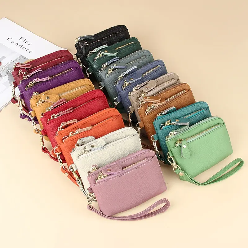 Fashion Short Wallet for Women Genuine Cow Leather Cute Clutch Bag Zipper Coin Purse Card Holder with Key Chain
