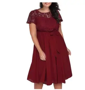 Plus tamaño de verano las mujeres vestido de encaje elegante vestido de dama Casual de manga corta de moda Vestidos de gran tamaño cinturón vestido de fiesta