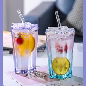 Tazza da <span class=keywords><strong>Caffè</strong></span> in Vetro Colorato con Stella a Cinque Punte, Bicchiere per Bevande Fredde con Coperchio e Cannuccia - Product Image 4