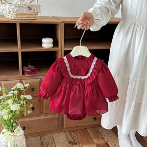 Abbigliamento per Neonati, Tutina Rossa Festiva per Bambina, Costume per Festa del Primo Mese e Cento Giorni - Product Image 3