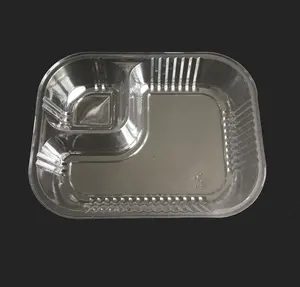 Bandeja plástica transparente descartável, com compartimento de molho dividido, batatas fritas francesas, embalagem de salada