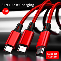 Kabel Data 3 in 1 Fast Charging 1.2 m untuk iPhone, Kabel Micro USB Nylon Braided Tahan Aus, Kabel Pengisian Daya 3 in 1 Grosir