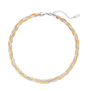 Collar de Acero Inoxidable para Mujer en Oro, Plata y Oro Rosa - Combinación de Cadena Plana de Hueso de Serpiente y Cadena de Hoja - Product Image 1