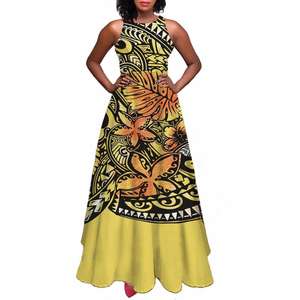 Robes de soirée <span class=keywords><strong>pour</strong></span> femmes, robes longues décontractées d'été sans manches, style A-line, motifs de tatouages de fleurs d'hibiscus et de plumeria, style tapa tahitien - Product Image 2