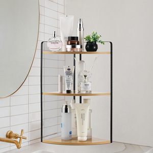 Wooden <b>Corner</b> <b>Shelf</b> 3 Tier With Metal Frame For Kitchen Storage Countertop Organizer Modern Minimalist Design - Product Image 2
