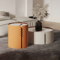 Ensemble de table basse ronde en bois contreplaqué de style nordique moderne avec cadre en bois et cuir de selle, couleur personnalisée, pour salon