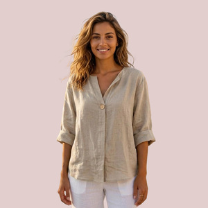 Awesome Sales Fantastic Quality <b>Linen</b> Cotton Blend Relaxed Fit Summer Split Neck <b>Tunic</b> Women Blouses Elegant Tops - Product Image 4