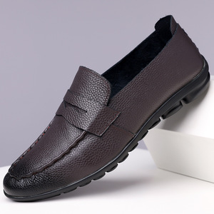 Chaussures bateau en cuir pour hommes, en cuir de vachette pleine fleur, semelle souple, talon bas, respirantes, bout rond, pour le quotidien, les affaires et les loisirs - Product Image 1