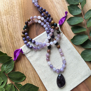 โรสควอตซ์ธรรมชาติ, เลพิโดไลต์, สร้อยคอมาลาอเมทิสต์, จัปามาลาสำหรับทำสมาธิแบบผูกปมด้วยมือ <span class=keywords><strong>108</strong></span> เม็ด, คริสตัลบำบัด, ของขวัญสำหรับการทำสมาธิโยคะ - Product Image 5