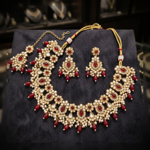 Indian Traditional Antique Gold Plated Kundan Choker <b>Necklace</b> Set Maroon <b>Ruby</b> Red Gemstone Bead Bridal Jewelry Set with Earrings - Product Image 2