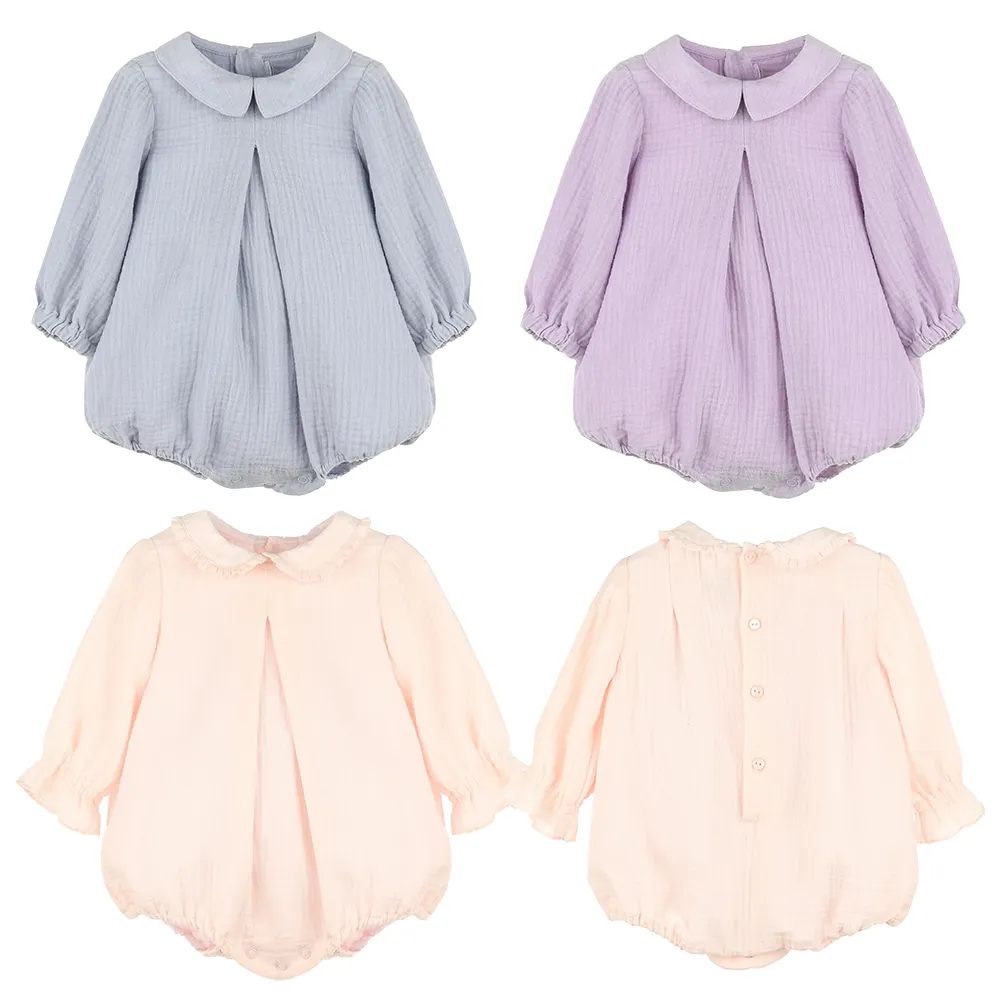 Muslin 100%cotton soft baby romper clothing long sleeve fall winter ruffled toddler infant girls bubble