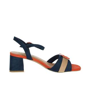 Sandalias de tacón para mujer Marco Tozzi, color azul marino, con hebilla naranja, tacón cuadrado, talla 44 - Product Image 4