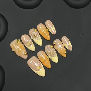 Uñas postizas europeas y americanas con diseño de estrella de mar, cortas, almendradas, color azul con efecto de onda de agua 3D, estilo francés, cobertura completa, con pegamento, 10 unidades, ABS - Product Image 1