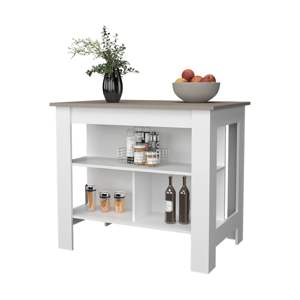 Chariot de cuisine design moderne DB en bois de stockage ouvert et îlot de cuisine en chêne taupe et blanc - Product Image 4