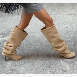 Women's Beige <strong>Sherpa</strong> Slouchy Knee High Heeled Fashion Custom <strong>Boots</strong> Cozy Casual Ladies Winter Shoes - Product Image 1