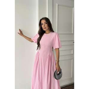 Vestido de Lino Rosa con Corte en A, Cuello Redondo, Cintura Natural, Transpirable, Informal, para Uso Diario, Tejido de Lino - Product Image 3