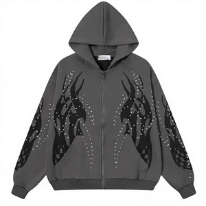 Sweat-shirt à capuche zippé unisexe surdimensionné en molleton avec motif flamme en strass personnalisé, style streetwear décontracté pour hommes et femmes - Product Image 1