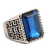 Bague de mariage au design vintage en acier inoxydable rectangulaire avec rubis rouge bleu saphir bague signet en titane pierres précieuses naturelles