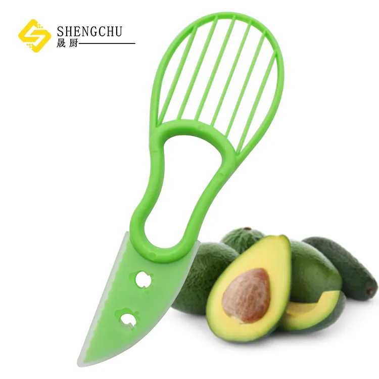 Eco friendly kitchen Fruit Green Avocado Cutter Food grade Plastic 3 in 1 Avocado Slicer Cutter