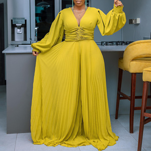 Robes Vêtements Femme Européenne Américaine 2024 Nouvelle Collection Printemps Col <span class=keywords><strong>en</strong></span> V Sexy Couleur Unie Plissée Grande Jupe <span class=keywords><strong>Robe</strong></span> Longue Maxi avec Ceinture - Product Image 1