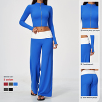 Nouvel ensemble de yoga 2 pièces 2026 à col montant et fermeture éclair, pantalon taille haute légèrement évasé color block, tenue de sport décontractée pour la gym