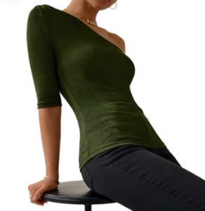 Top a Costine <span class=keywords><strong>Monospalla</strong></span> Verde Oliva da Donna, Vestibilità Slim, Mezza Manica, Asimmetrico, Casual, per Streetwear Quotidiano e Feste - Product Image 4